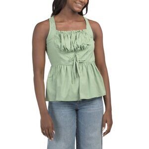 US TOGETHER Green Tie Front Ruched Top With Peplum Hem